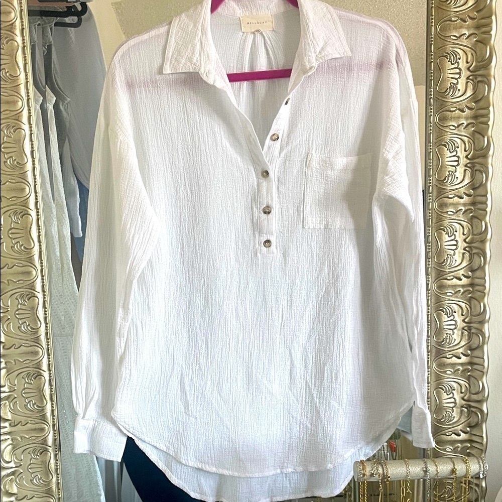 MELLODAY|White Cotton Gauze Button-Up Women's Blouse| XS|EUC